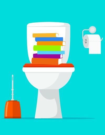 Illustration af toilet med stabel af bøger ovenpå